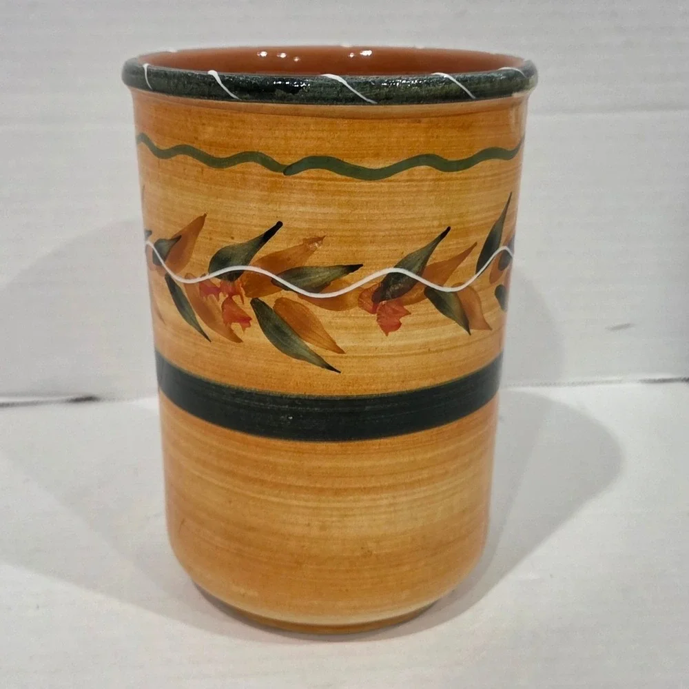 Furio Home Italy Handmade Ceramic Utensil Holder Crock Hand Painted Leaf Yellow